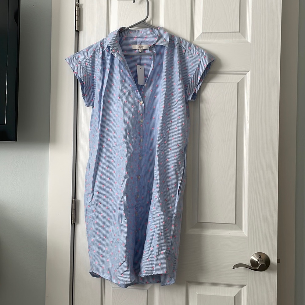 New with tags, loft sundress. Blue and white stripe with pink Swiss dots